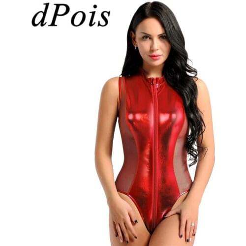Women Bodysuit Shiny Metallic Patent Leather Sheer Mesh Splice Lingerie Sleeveless Double Zipper High Cut Thong Leotard Bodysuit
