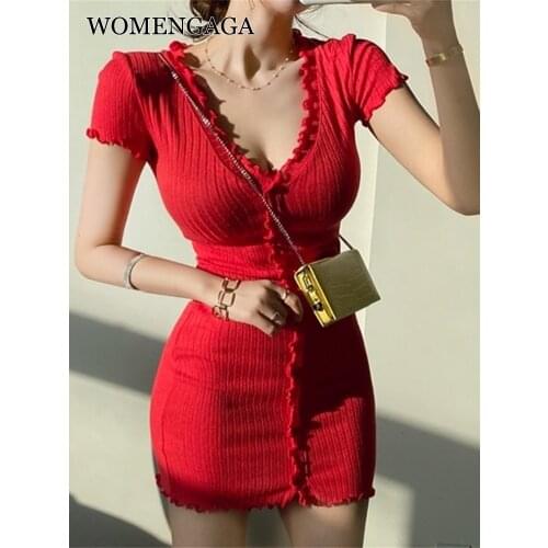WOMENGAGA Korea Spring Summer Red Sexy V-neck Short Sleeve Lace Slim Hip Party Dress Thin Slim Short Mini Dresses Clothes GR8
