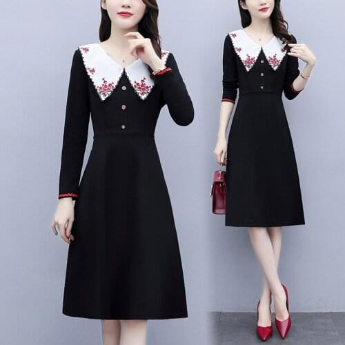 Womens Cute Fashion Embroidery Dress Long Sleeve Black Party Cocktail A-Line Slim Casual Loose Blouses Blusas Birthday Dresses