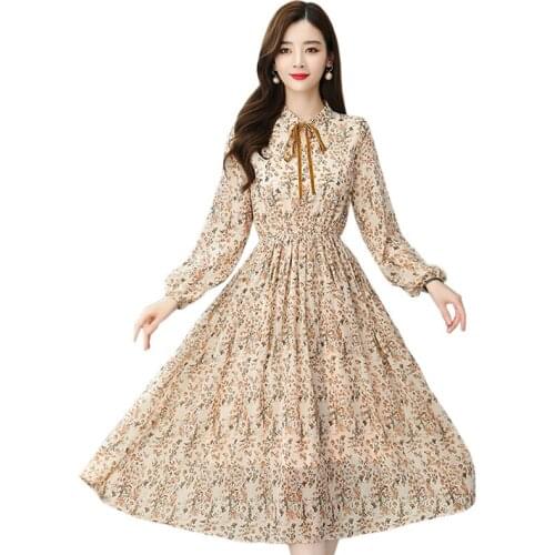 Elegant Print Long Sleeve Spring Dress women Casual Chiffon A-Line Women Vintage Party Mid-Calf Dress Vestidos