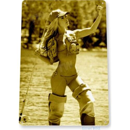 Tinworld Tin Sign Stolen Bait Pin-Up Fishing Girl Fish Garage Marina Metal Sign Decor B698