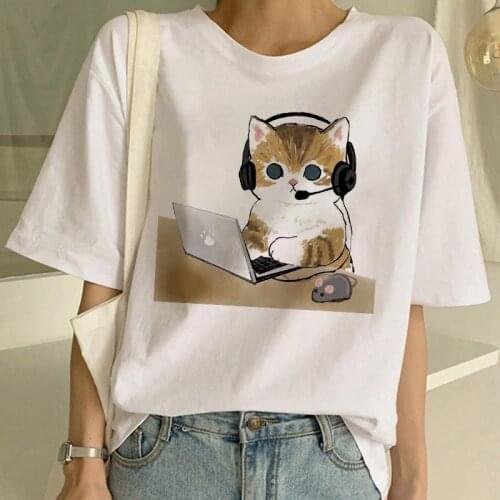 2021 Women T-shirts Cartoon Funny Cute Cats Print tshirt Harajuku Graphic 90s Short sleeve Fashion Aesthetic tee shirt femme