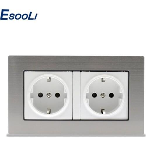 Esooli High Quality 146*86 mm EU Standard Double Socket Luxury Wall Power Outlet Stainless Steel Panel Electrical Plug