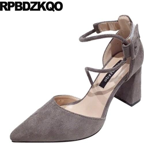 Fashion 8cm Footwear Thick Casual Shoes Women Chunky Size 4 34 Block High Heels Pointed Toe Sandals Suede Pumps Designer 2021