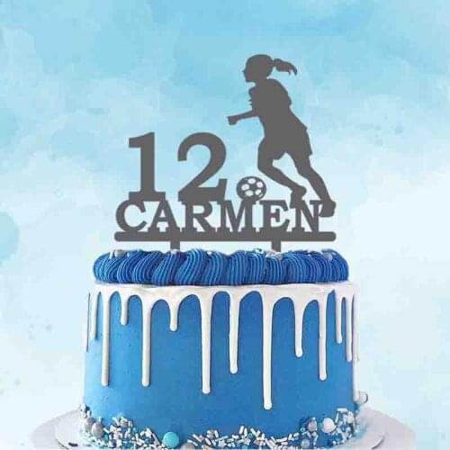 Personalized Name Age Cute Girl Playing Football Acrylic Cake Topper For Football Fans Birthday Party Cake Decoration Topper