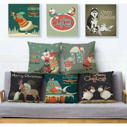 Merry Christmas Bear Cushion Cover Beige Linen Pillowcase 45*45cm Throw Pillows Covers Sofa Home Decor Animal Pillow Case