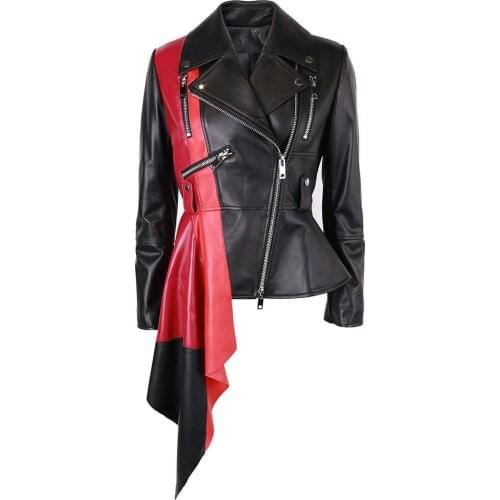 YOLOAgain Women Color Block Asymmetric Real Leather Jacket Coat Streetwear