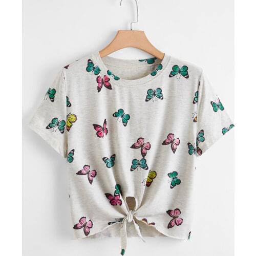 2021 new summerloung wear round neck butterfly casual loose bandage versatile women T-shirt