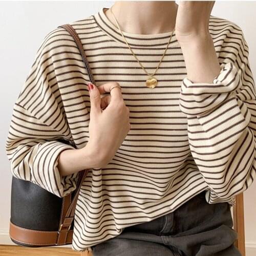 Korean Casual Round Neck Long Sleeve T-shirt 2021 Autumn New Female Striped Tees Tops Woman Basic All-match Tshirts
