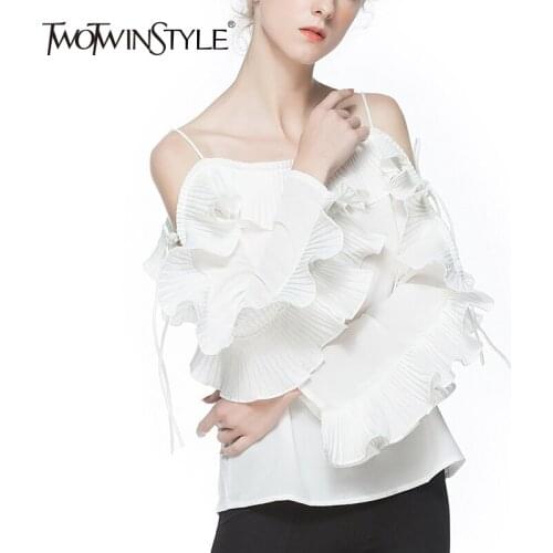 TWOTWINSTYLE Off Shoulder Shirt For Women Ruffles Lace Up Large Size Summer Sexy Shirts Female Fashion Elegant Clothing 2020