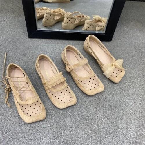 2021 Polka Dot air mesh flats woman 4-style breathable shoes women lace up square toe moccasins ruffles lace bow-knot loafers