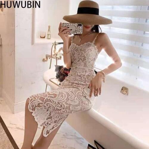Summer New Style Womens Round Neck Unique Hollow Out Holiday Sling Lace Fashion Avant-Garde Sexy Dress Slim Long Skirt