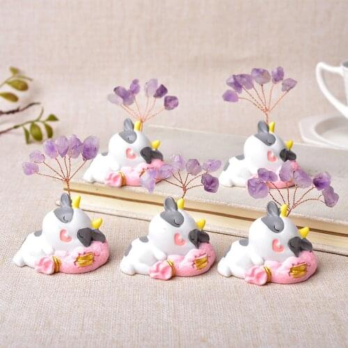 1PC Cartoon Cow Natural Amethyst Lucky Tree Crystal Quartz Mineral Ornaments Home Decoration Healing Stone Gifts For Children