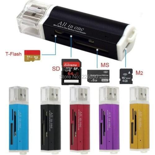 200PCS Aluminium alloy Multi All in 1 USB 2.0 Memory Card Reader Adapter For Micro SD SDHC TF M2 MMC MS PRO 4 IN 1 Card Reader