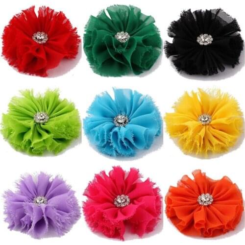 200pcs/lot 3"16Colors Newborn DIY Hair Accessories Tulle Shabby Fabric Artificial Flowers With Buttons For Wedding
