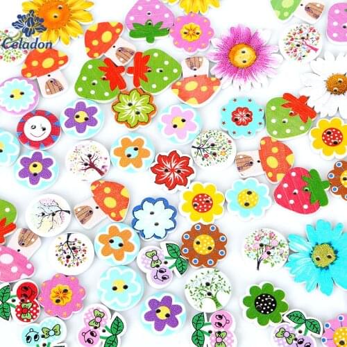 High Quality 50PCS Natural Wooden Buttons Colorful Mixed Multi Shapes Scrapbook Sewing Accessories DIY Crafts 2 Holes
