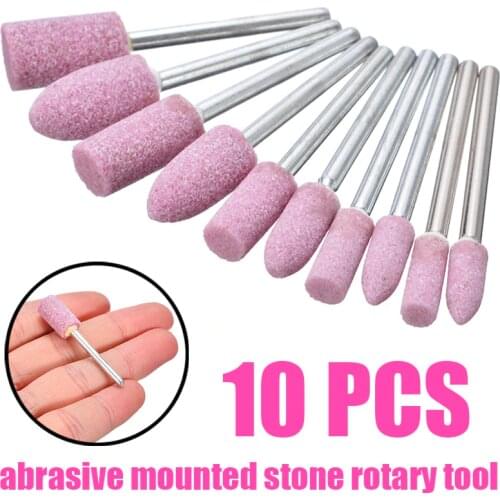 10pcs 1/8" Mini Shank Abrasive Mounted Stone 4mm/5mm/6mm/8mm/10mm Rotary Polish Grinding Wheel Abrasive Stone Bits Tools