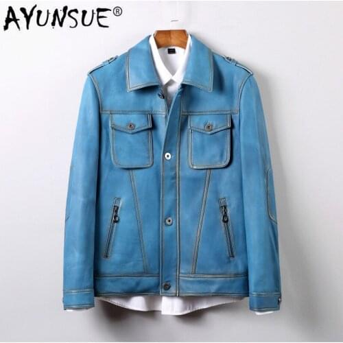 AYUNSUE Mens Leather Jacket Genuine Leather 100% Sheepskin Coat Men Blue Korean Slim Fit Blazer Leather Jackets 71503 KJ2727