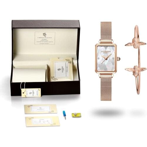 Fashion Shell Dial Womens Watch Gift Box Package Stainless Steel Band Rose Gold Elegent Female Wrist Watches With Bee Bracelet