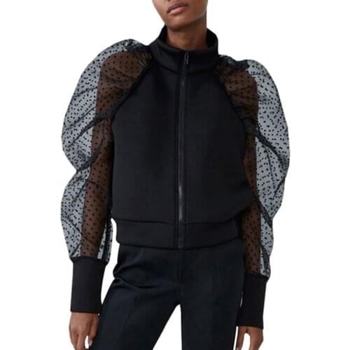 2020 Puff Sleeve Tshirt Brand See-through Women Mesh Sheer Sweatshirt Top O-neck Lace Female Casual Zipper Black T-shirt