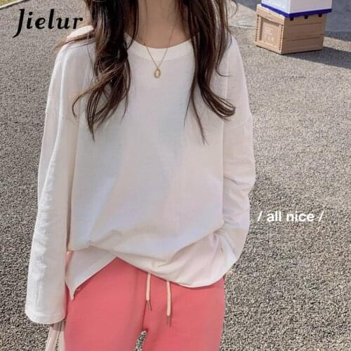 Jielur Casual T-shirt O-neck Long Sleeve T-shirts for Woman Black White Solid Color Split Korean Tees Bottoming Women Clothing