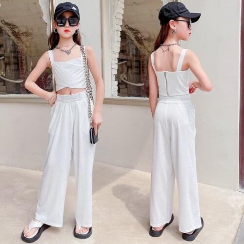 Girls summer floor length big girls fashion patch two-piece set white zip up vest and wide leg pants teenage outfits 6 to 16 yrs
