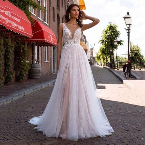 Summer Beach V Neck Sleeveless Pink Bridal Gown High Split Sparkly Tulle Skirt Backless Cheap Boho Wedding Dress Plus Size 2021