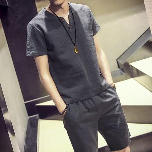 Summer Men Sweatsuits Sportswear Linen Short Sleeve Shirt Sweatshirt+sweatpant Casual Jogger Workout Tai Chi Meditation Yoga Set