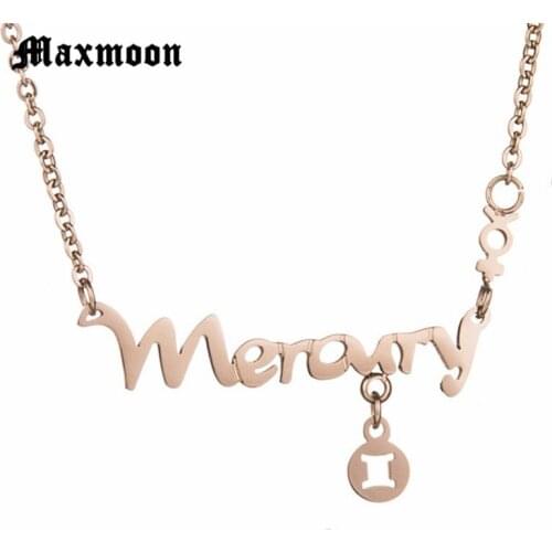 Maxmoon 2018 Rose Gold Color 12 Constellation Stainless Steel Necklace Women Gemini Zodiac Necklaces