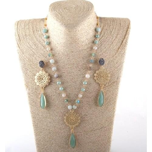 Fashion Jewelry Set N-E Stone / Glass Rosary Chain Metal Flower Link Glass DropTassel Necklace Bracelet Earring set