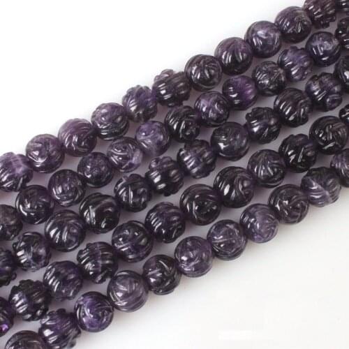 6 8mm Natural Amethyst 3D Flower Carve Purple Quartz Crystal Round Gemstone Loose Beads for Necklace Bracelet DIY Jewerly Making