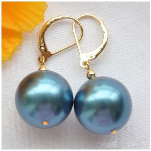 New Arrival Favorite Pearl Earrings 16mm Blue Round South Sea Shell Pearl Dangle Earring 14k/20 GP Fine Jewelry Lady Gift