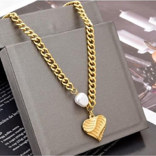 New Chunky Metal Chain Jewelry 18K Gold Plated 316L Stainless Steel Irregular Pearl Water Ripple Heart Pendant Necklaces