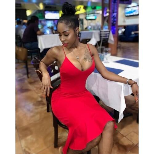 SKMY New Sexy Spaghetti Strap Backless Dress Fashion Solid Color Red V-Neck Ruffles Midi Dress 2021 Summer Women Clothing