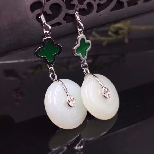 Natural Hetian yu earrings, shaped face modeling earrings, S925 silver inlay, with 4m yu