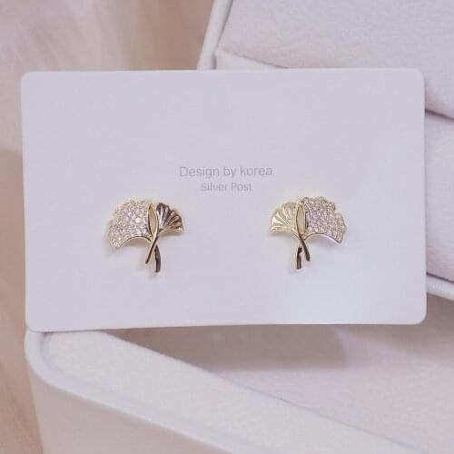 14k Real Gold Hot Design Ginkgo Biloba Women Earring Cubic Zirconia Charm Bling Crystal Stud Earrings Wedding Jewelry Accessorie