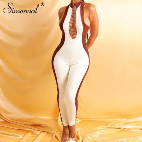 Simenual Corduroy Lace Up Patchwork Jumpsuits Sleeveless Women Bodycon Casual Streetwear One Piece Bodystocking Skinny 2021 New