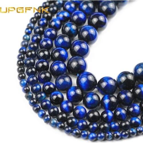 UPGFNK Natural Blue Tiger Eye Stone Round Semi Gem Loose spacer beads for Jewelry making DIY bracelets Strand 15'' 4/6/8/10/12MM