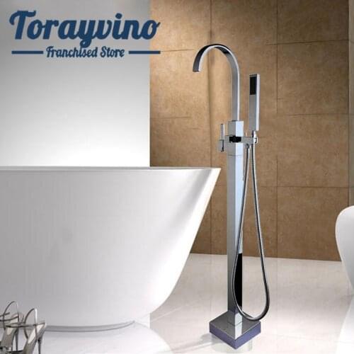 Bathroom Floor Stand Mounted Bathtub Faucet Tap Polished Chrome Bathroom Shower Single Handle Shower With Hand Spray Mixer Set