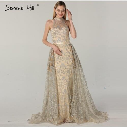 2020 Sheer High Neck Glitter Illusion Back Mermaid Evening Dresses with Ruffle Train Party Gown Dubai Robe De Soiree BLA6085