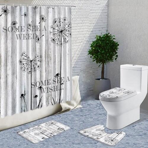 3D Wood Grain Shower Curtain 4-Piece Set Fabric Wooden Door Planks Bathroom Decor Curtains And Bath Mat Toilet Cover Rugs Set