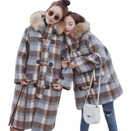 Women Winter Lattice Jacket Thick Coat Big Fur Collar Wool Blend Parka Horn Button Loose Overknee Cashmere Long Overcoat HJ09