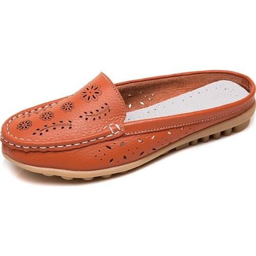 2020 Summer Women Ballet Flats Cow Leather Flat Sandals Shoes Ballet Loafers Slip on Hollow Flower Slippers Plus Size 44