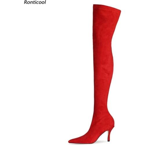 Ronticool 2021 New Autumn Women Flexible Thigh Boots 8.5 Cm Thin Heel Pointed Toe Beautiful Red Yellow Party Shoes Size 35-45