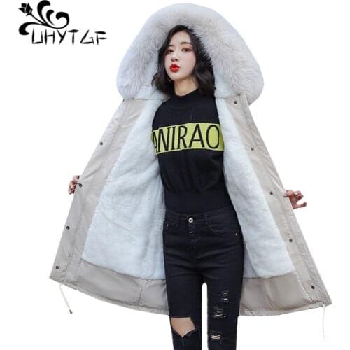 UHYTGF Womens winter jackets Fur collar hooded down cotton Thicken Warm coat New snow 2XL plus size parkas woman veste femme 812