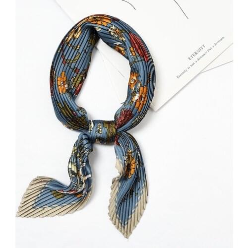 Women Silk Pleated Scarf Flower Crinkle Bright Print Small Neck Bandana Crumple Square Bandeau Headband [3959]