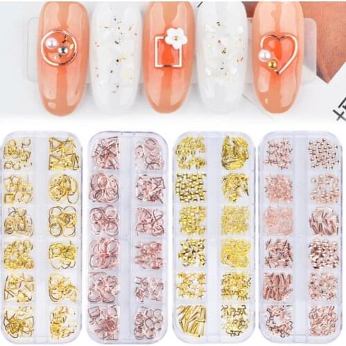 1Case Gold Silver Hollow 3D Nail Art Decorations Metal Frame Nail Rivets Shiny Charm Strass Manicure Accessories Studs DIY