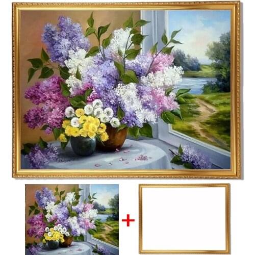 Framed 5D DIY Diamond Embroidery Lavender Cross Stitch Diamond Painting Flower Rhinestone Picture Wall Decoration