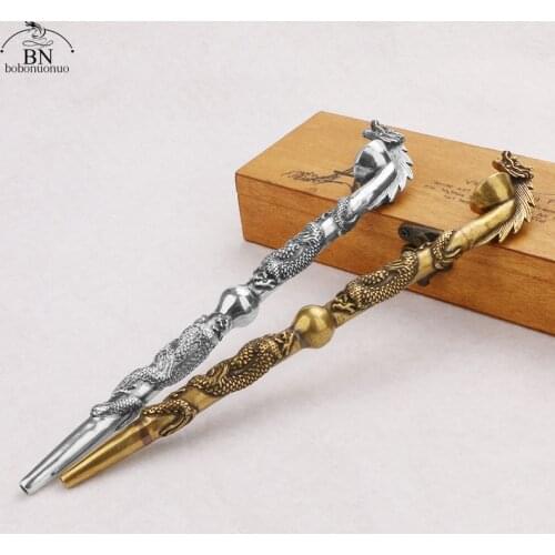 Antique Copper Long-Stemmed Dragon Carved Tobacco Pipe Ornament Vintage Handmade Metal Brass Smoking Cigarette Accessories Gifts