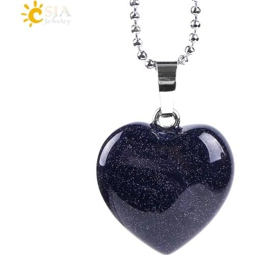 CSJA Natural Gem Stone Love Heart Chain Necklace & Pendant for Lover Reiki Healing Blue Brown Sand Opal Charm Sweet Jewelry E757